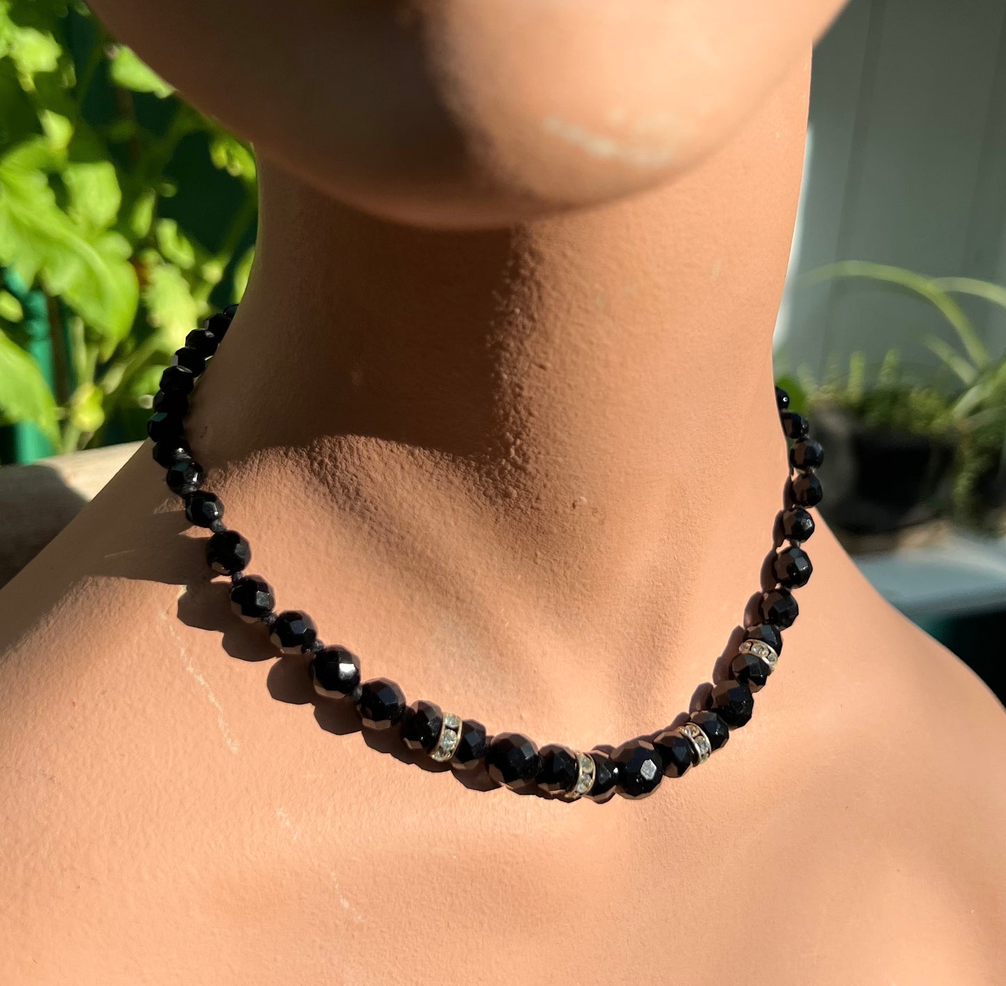 Austrian 1920s Jet Black Faceted Glass Bead and Crystal Necklace - Adjustable - max. 18"/44cm