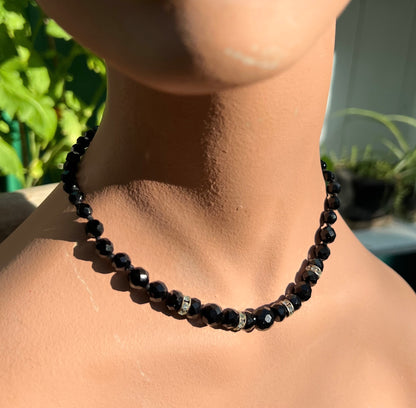 Austrian 1920s Jet Black Faceted Glass Bead and Crystal Necklace - Adjustable - max. 18"/44cm