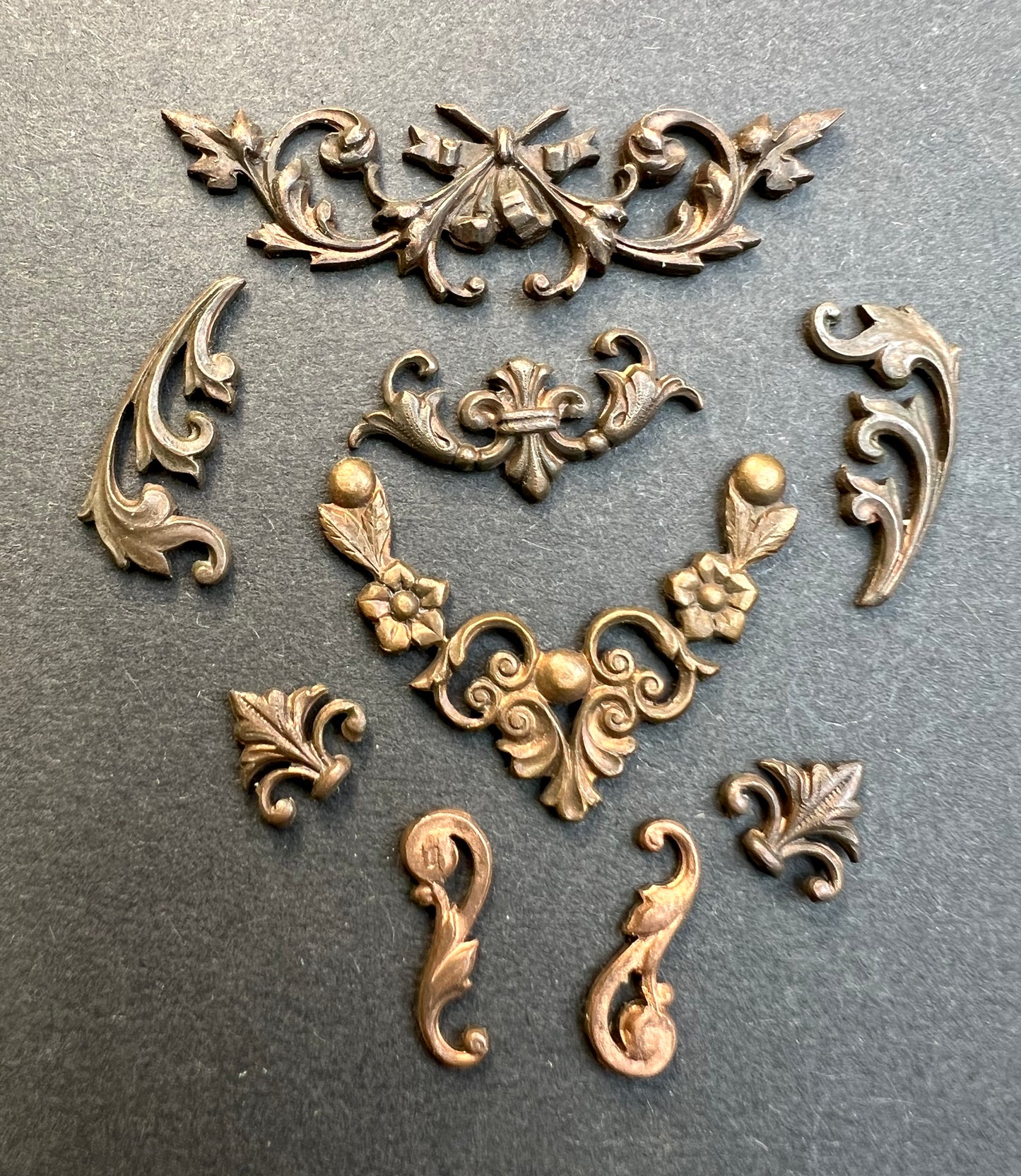 9 Early 20th Century French Decorative Brass Stampings - Assorted Styles