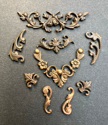 9 Early 20th Century French Decorative Brass Stampings - Assorted Styles