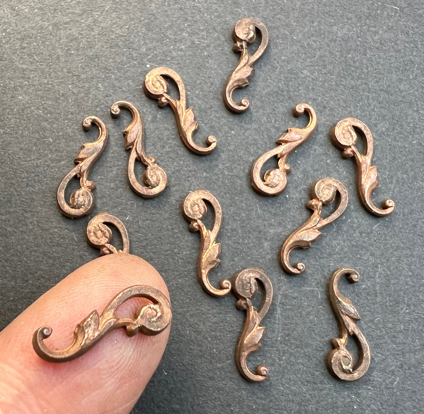 12 Tiny Early 20th Century French Brass Flourishes - 1.5cm Stampings