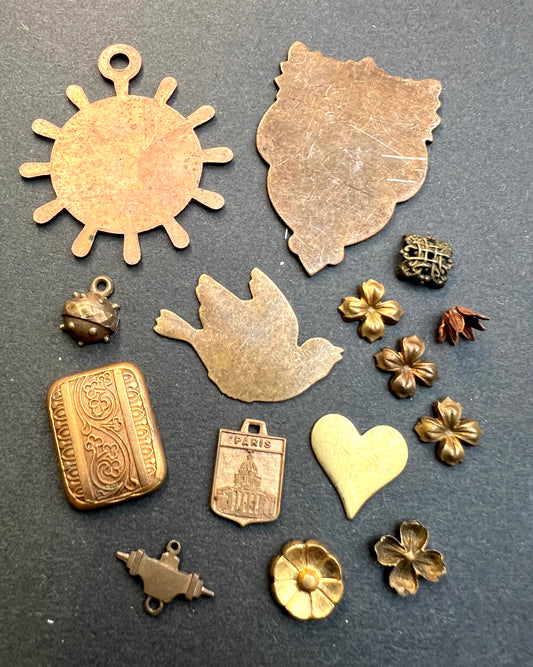 15 Vintage French Brass Stampings  in Assorted Shapes.