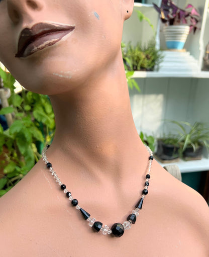 Czech Deco 1920s/30s Faceted Black and Clear Crystal Necklace 45cm/18"
