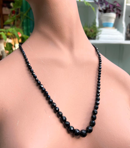 Long 24"/62cm Graduated Black Faceted Glass 1930s Necklace