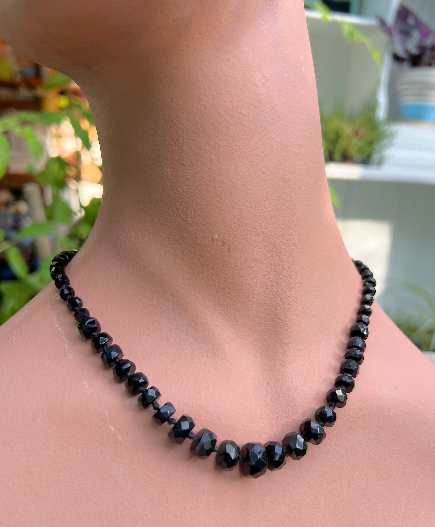 Interesting Faceted 1920s Austrian Jet Black Graduated Glass Necklace - 18"/45cm
