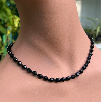Early C20th Jet Black Glass Faceted Bead Necklace - 16"/40cm