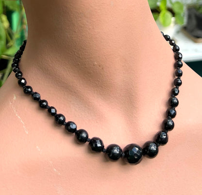 1930s Graduated Black Glass Faceted Bead Necklace