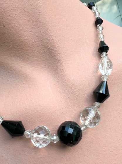 17" Czech 1920s/30s Faceted Black and Clear Crystal Necklace