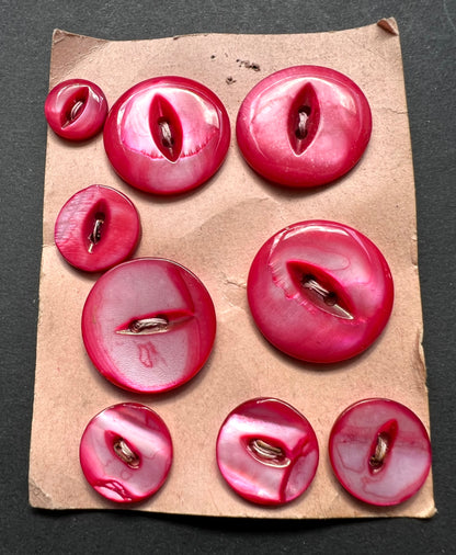9 Vintage Dark Pink Dyed Mother of Pearl Buttons