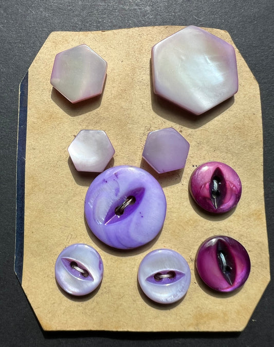 9 Vintage Hand Cut Hexagonal +Round Violet, Lilac and Purple Mother of Pearl Buttons