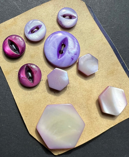 9 Vintage Hand Cut Hexagonal +Round Violet, Lilac and Purple Mother of Pearl Buttons