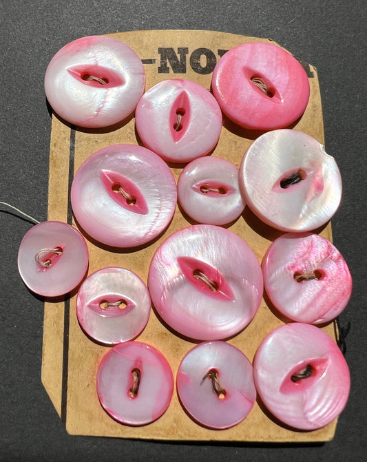 13 Vintage Hand Cut Pink Dyed Mother of Pearl Buttons