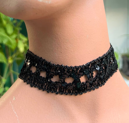 1980s Dramatic Sparkly Black Sequin Choker