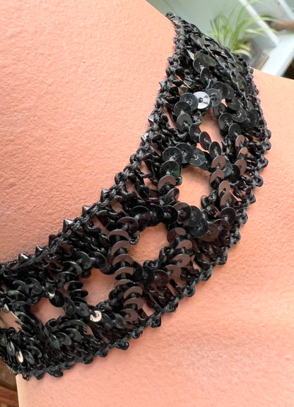 1980s Dramatic Sparkly Black Sequin Choker