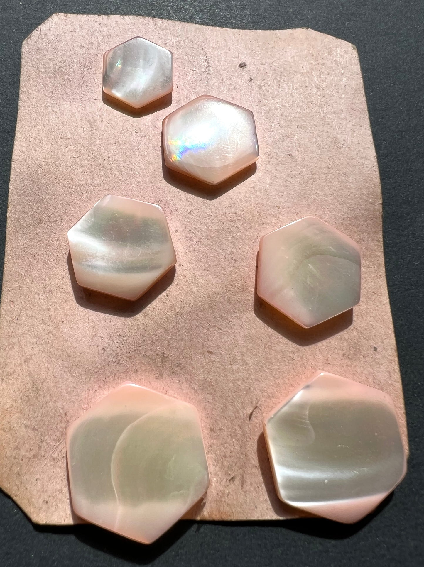 6 Vintage Hand Cut Shimmery Hexagonal Very Pale Pink Dyed Mother of Pearl Buttons