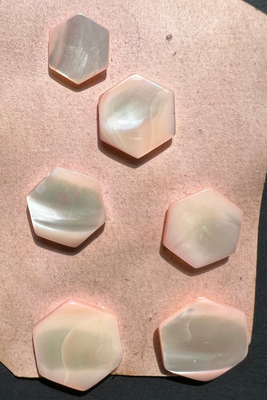 6 Vintage Hand Cut Shimmery Hexagonal Very Pale Pink Dyed Mother of Pearl Buttons