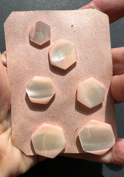 6 Vintage Hand Cut Shimmery Hexagonal Very Pale Pink Dyed Mother of Pearl Buttons