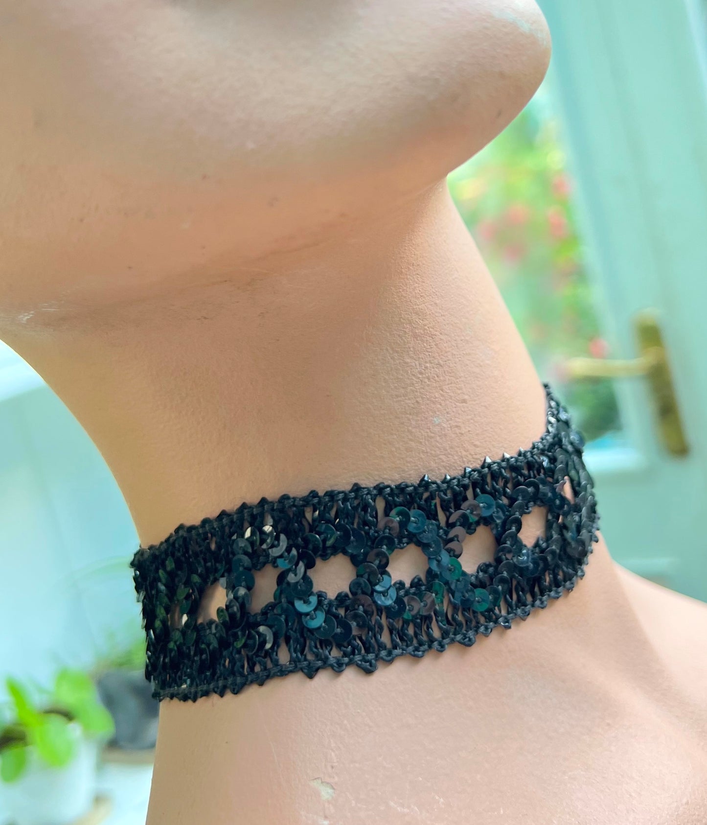 1980s Dramatic Sparkly Black Sequin Choker