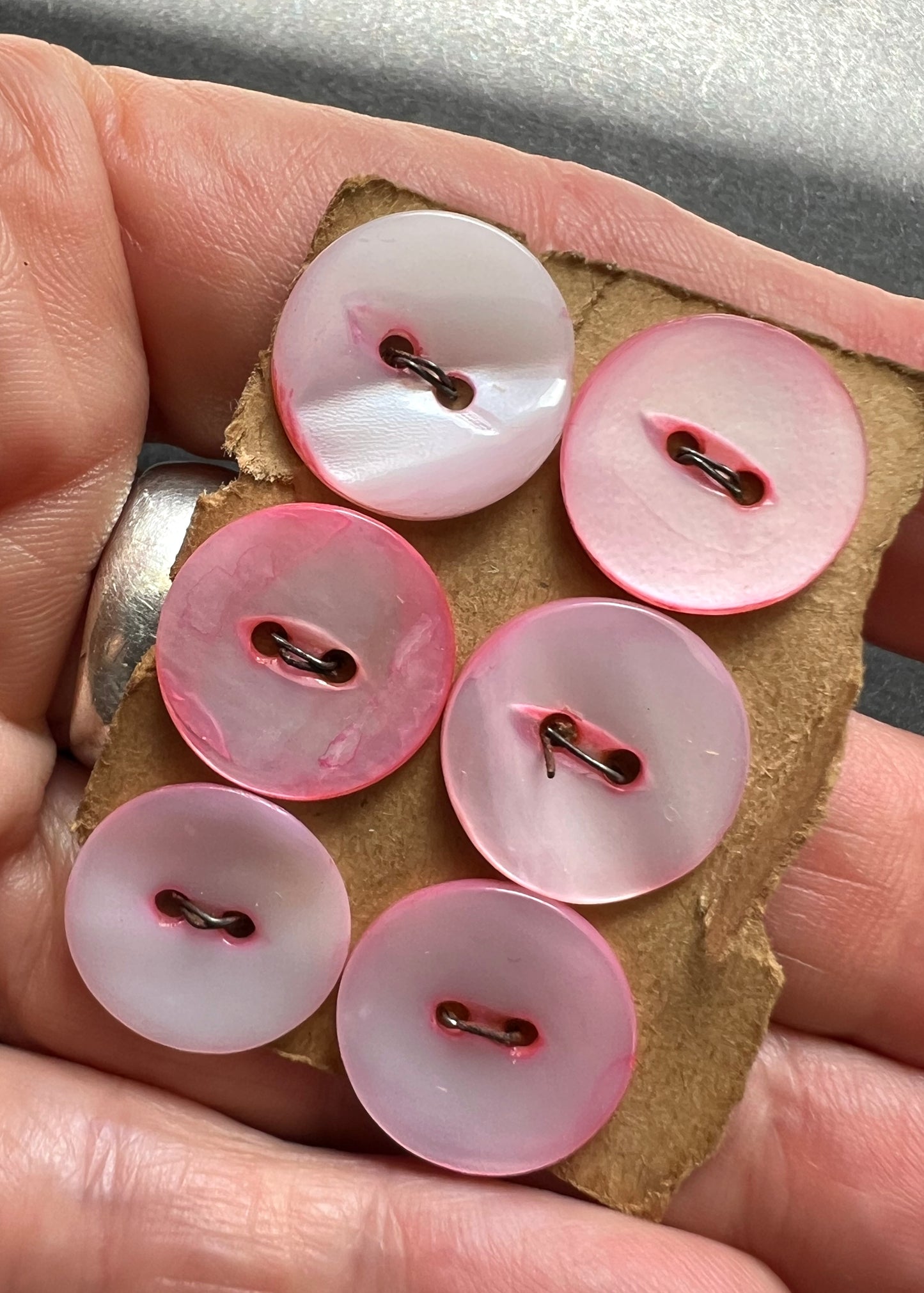 6 Vintage Hand Cut Pink Dyed 1.5cm Mother of Pearl Buttons