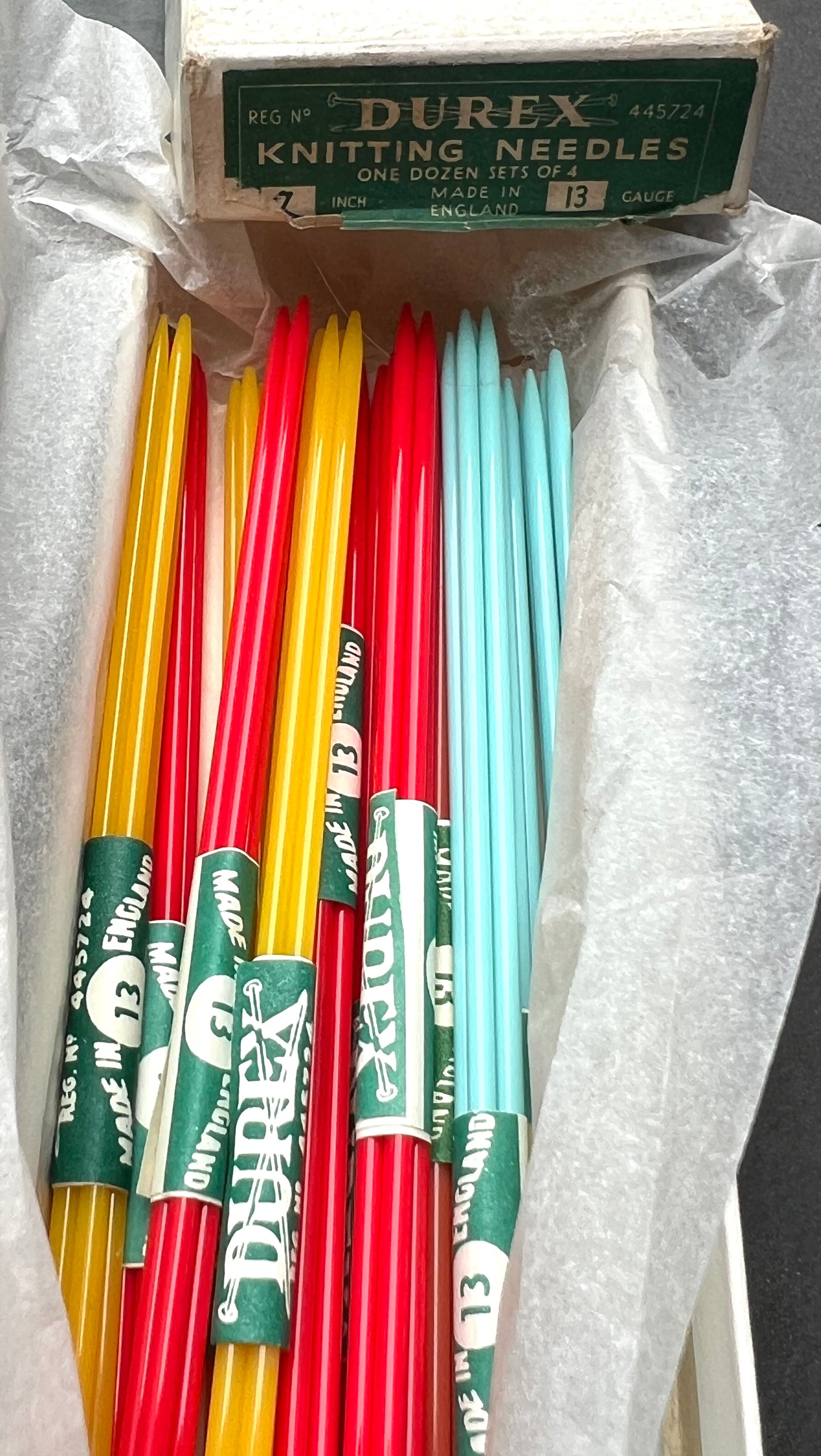 Box of 12 Sets of 4 Double Pointed Gauge 13 DUREX Casein KNITTING NEEDLES - 10" or 12" Long