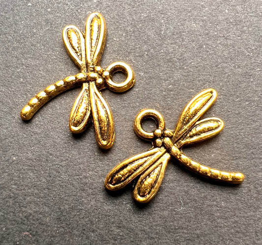 2 Gold Tone Dragonfly Charms - 1.5cm wide.