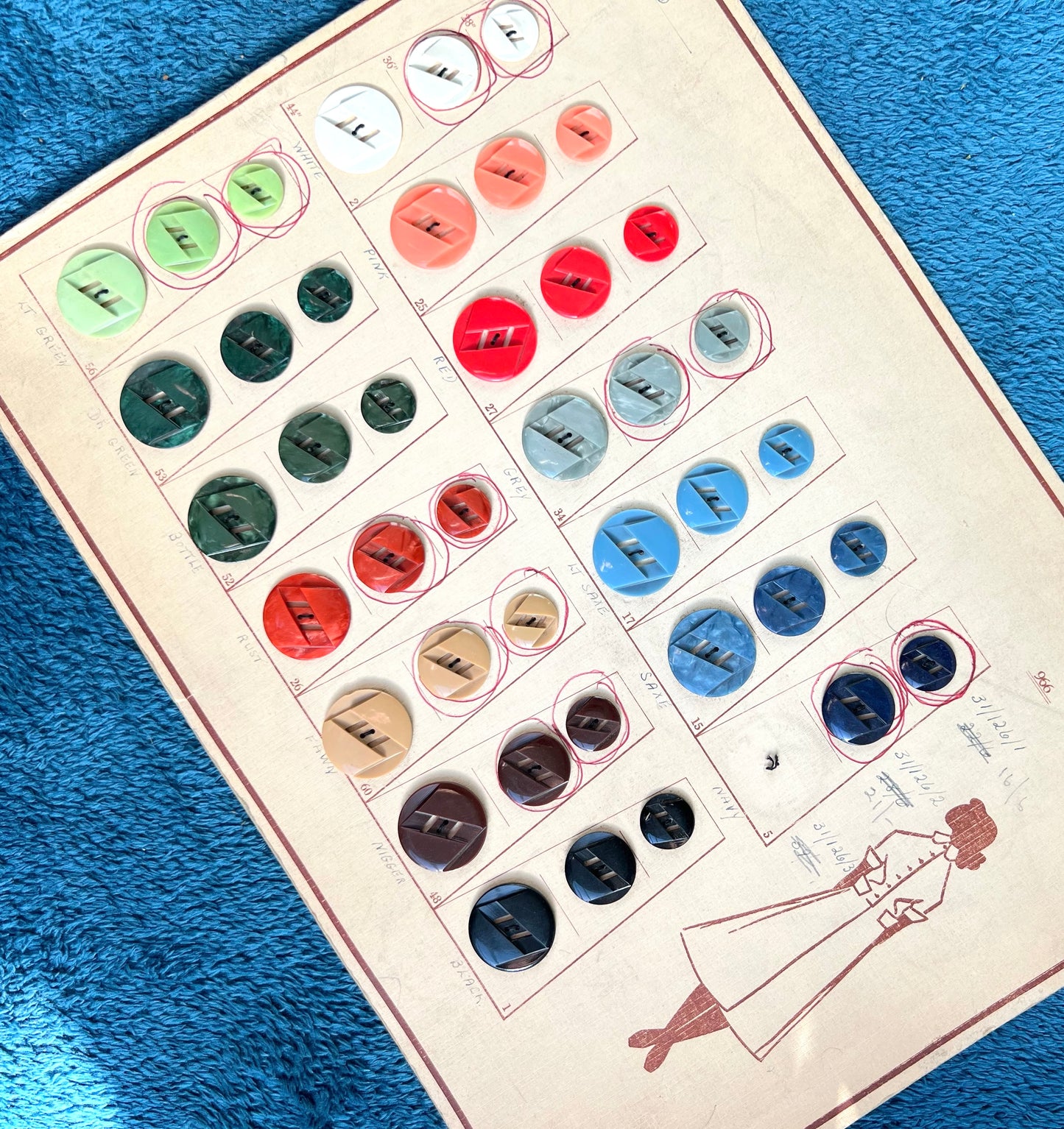 Salesman's Display Card of 41 Modernist Lucite Buttons