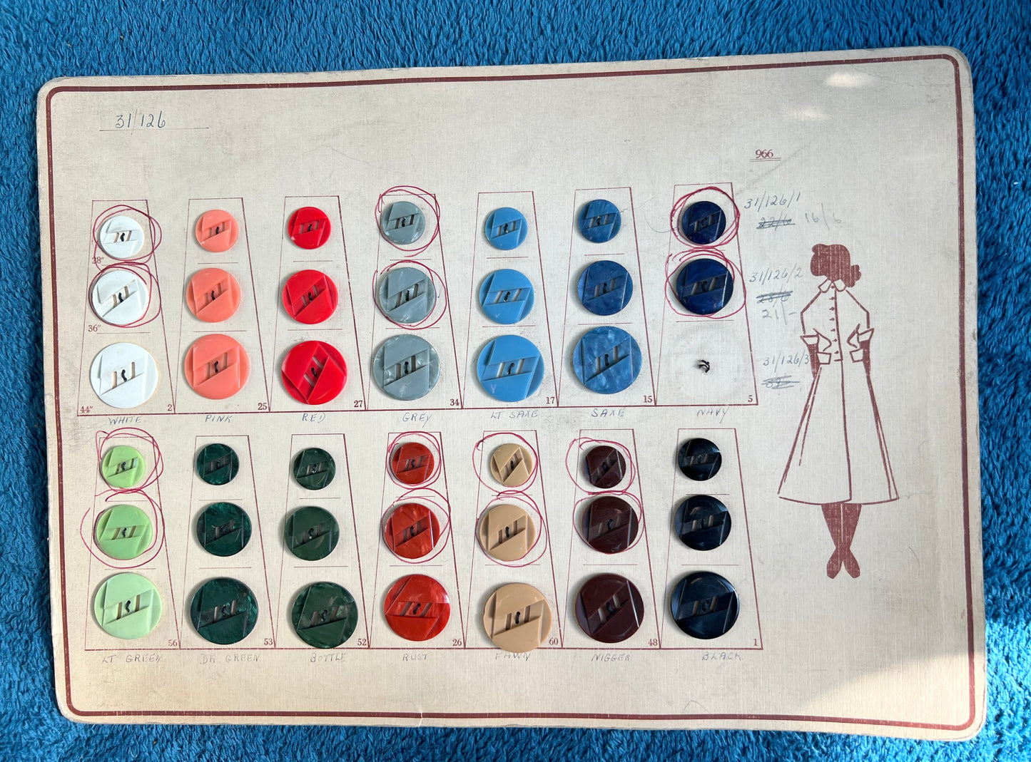 Salesman's Display Card of 41 Modernist Lucite Buttons