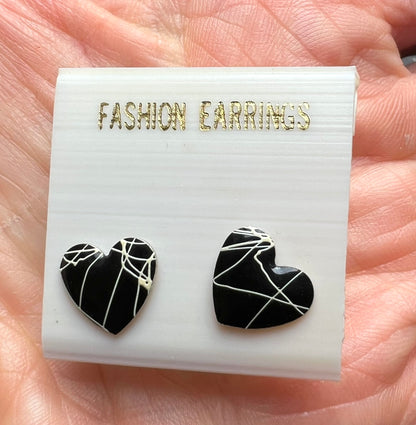 1980s Black Enamel 1cm Heart Stud Earrings