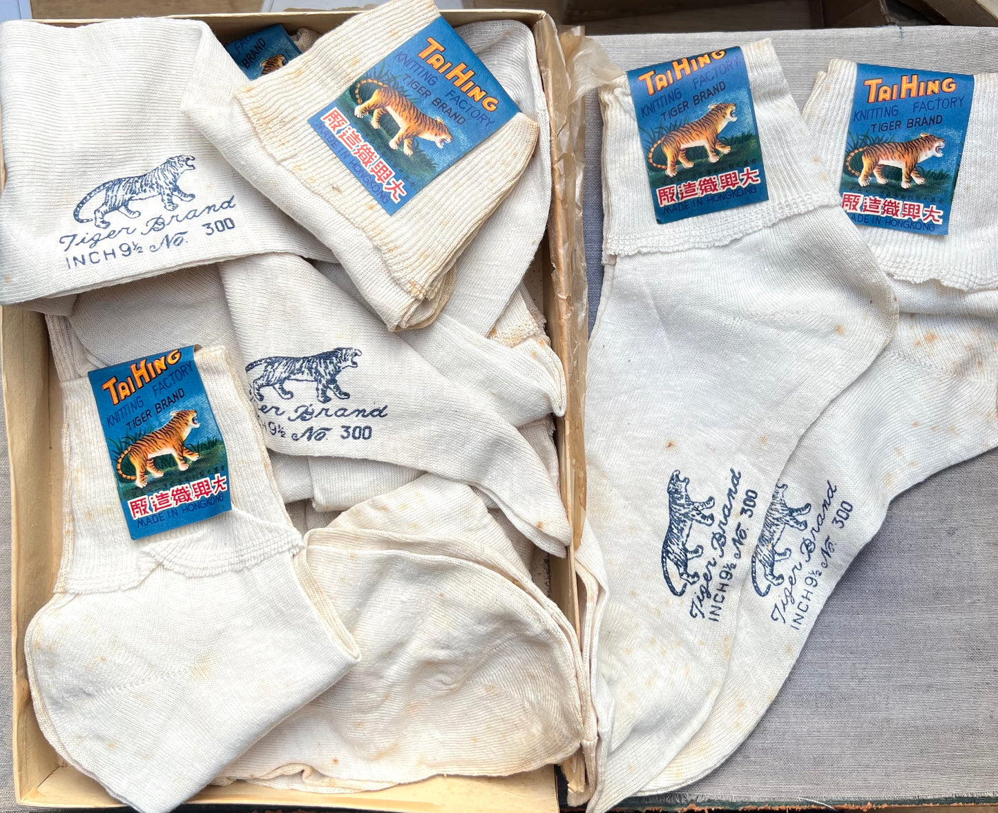 Vintage Box Full of Tiger Brand Socks from Tai Hing Knitting Factory in Hong Kong