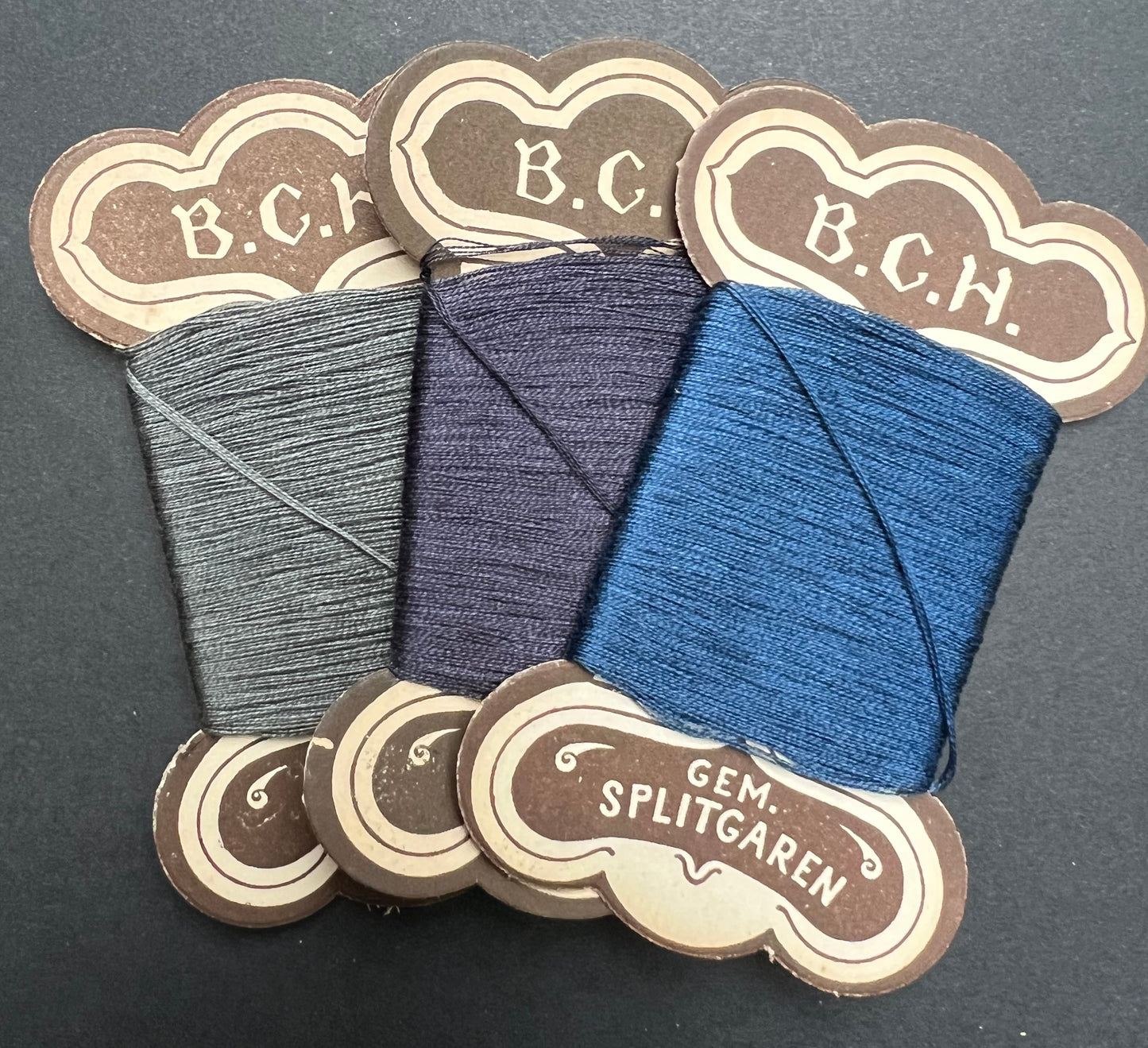 3 cards Blue and Grey Vintage German Darning Thread