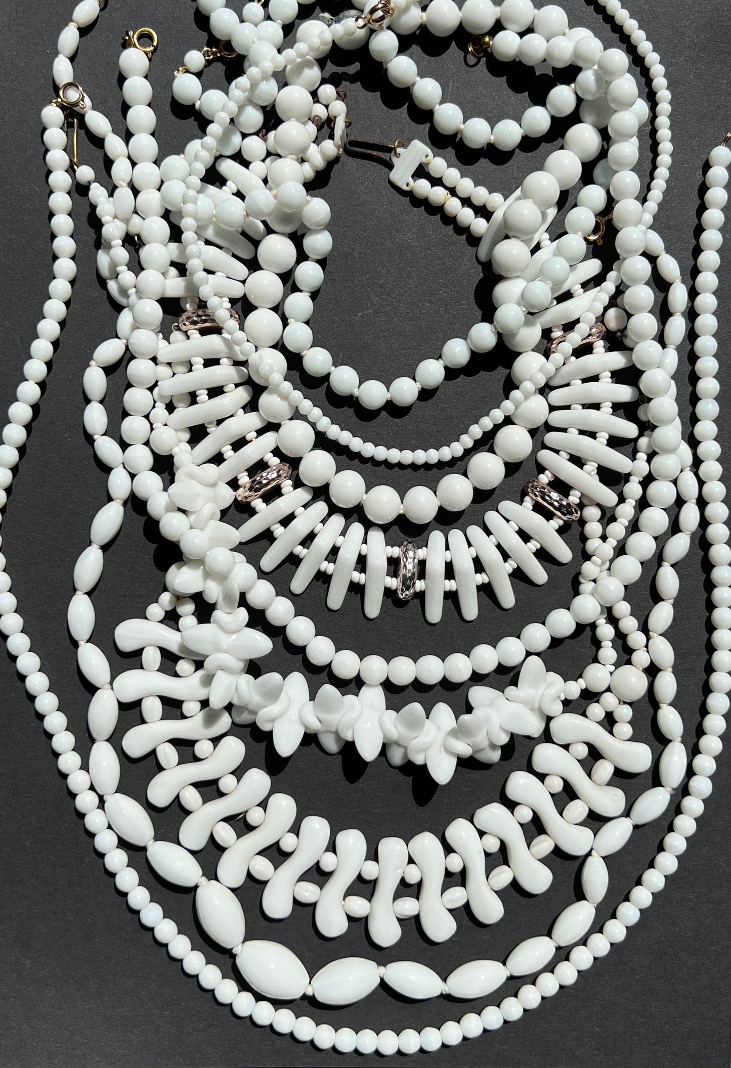 9 Varied Vintage White Glass Bead Necklaces