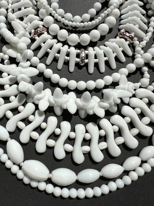 9 Varied Vintage White Glass Bead Necklaces