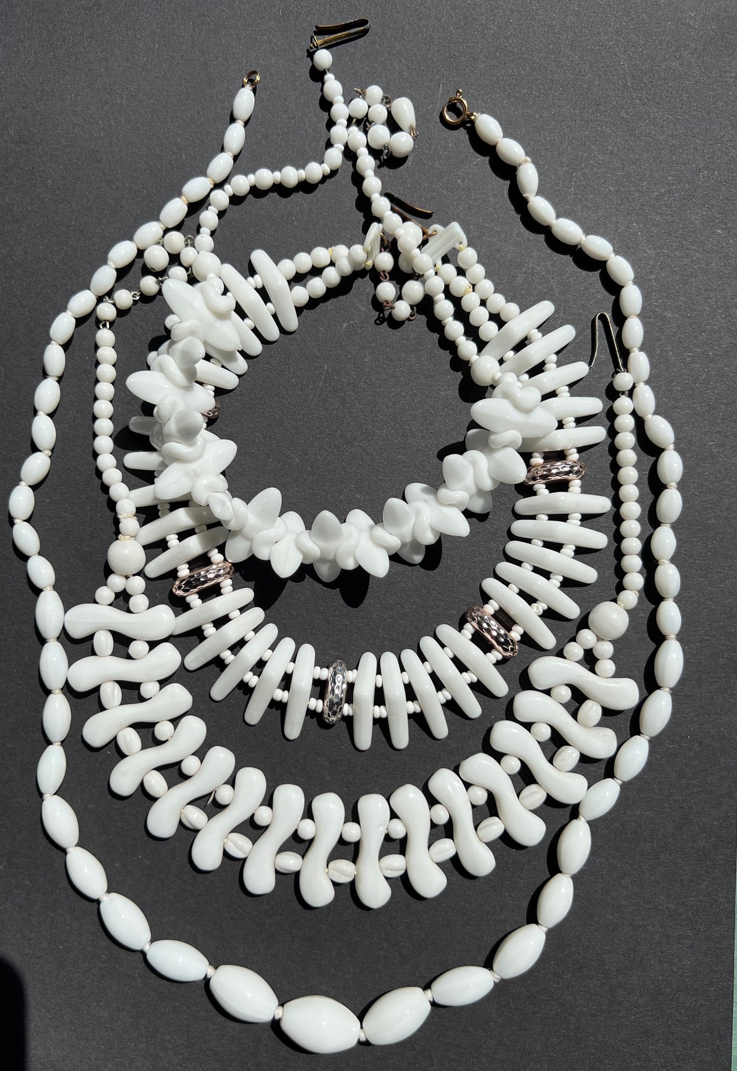 9 Varied Vintage White Glass Bead Necklaces