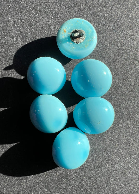 6 Blue Domed 1930s Glass Buttons - 12mm - with Metal Shank