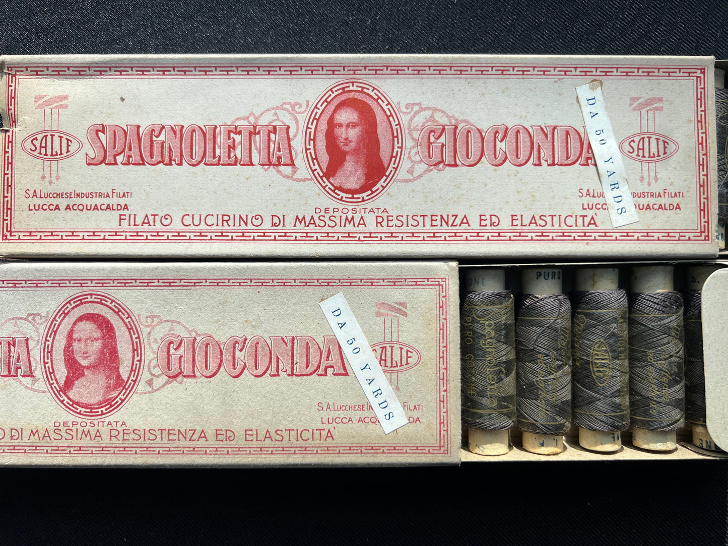 2 Boxes of Dark Grey Cotton Thread 12 spools x 50yds Vintage Italian MONA LISA Box