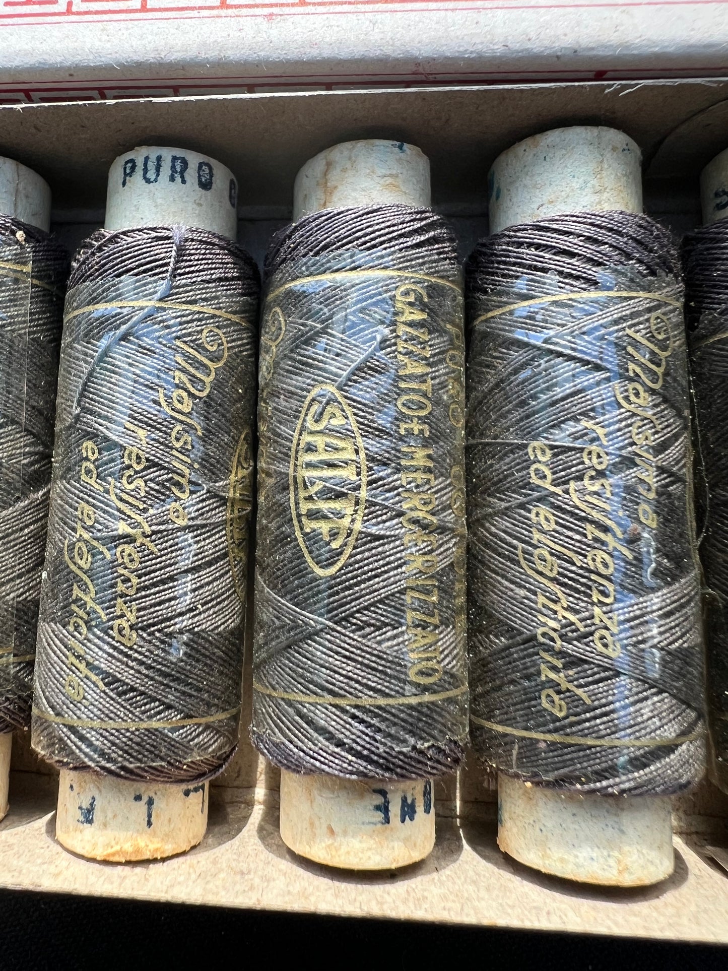 2 Boxes of Dark Grey Cotton Thread 12 spools x 50yds Vintage Italian MONA LISA Box