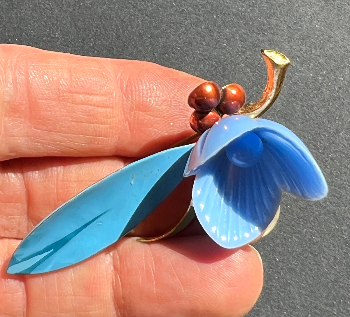 Vintage 1950s Blue  & Green Enamelled Metal and Celluloid Brooch