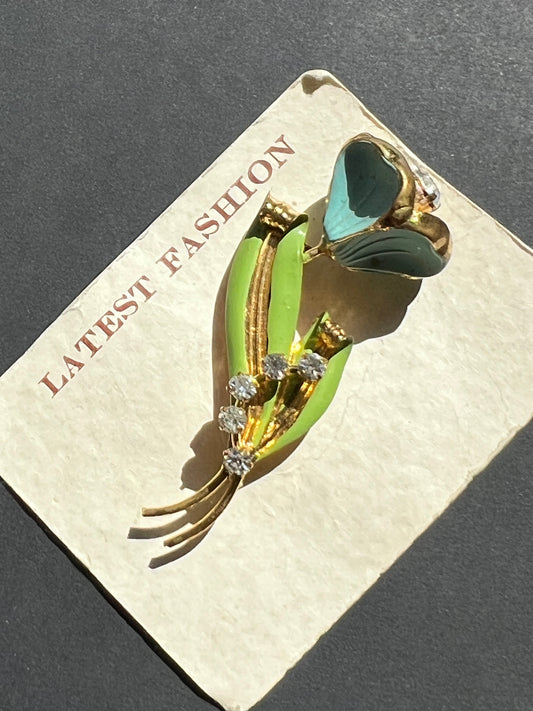 Gorgeous Vintage 1950s Blue  & Green Enamelled Metal and Diamante Brooch