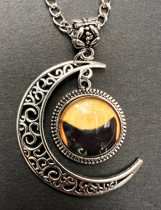 Crescent moon and Black Cat Necklace