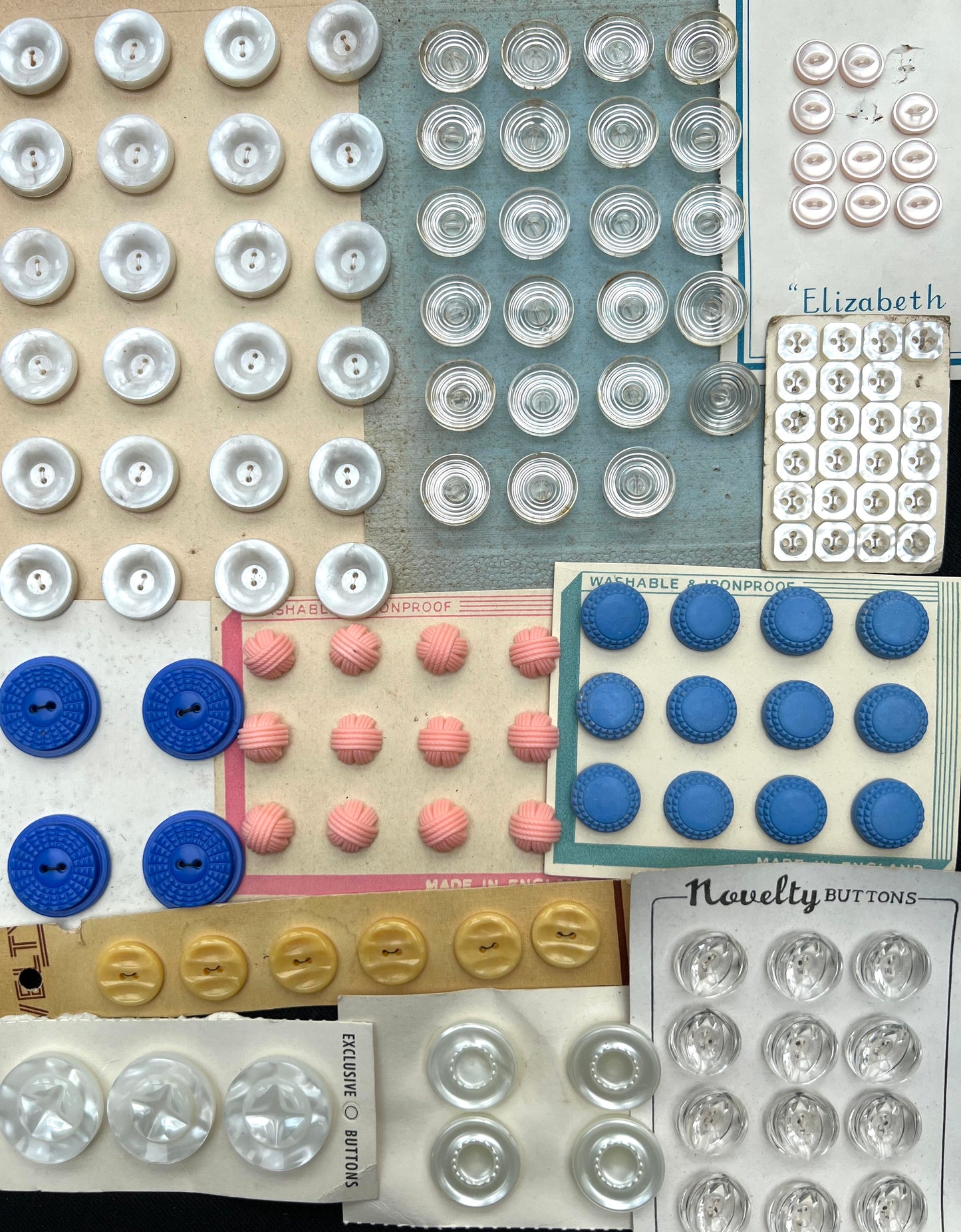 11 sheets of Vintage Pink, Blue, Clear + White Vintage Buttons (D)