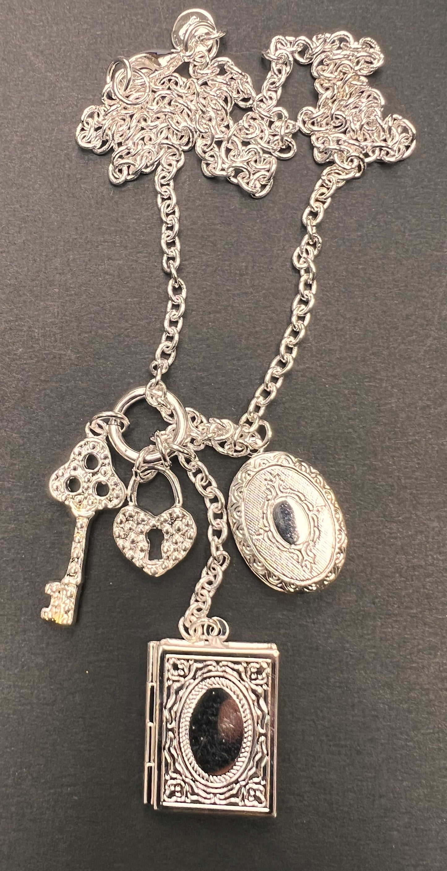 Double Locket, Key and Padlock Silver Necklace