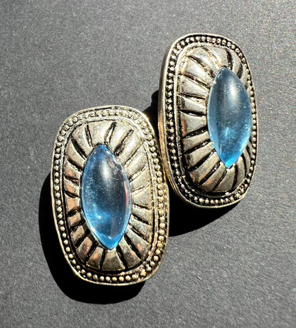 Vibrant Vintage Blue Glass Centred Clip On Earrings