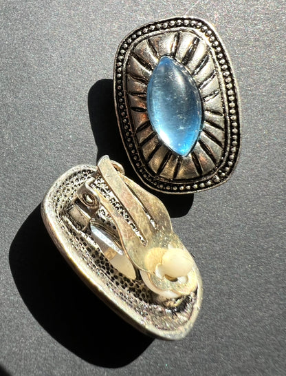 Vibrant Vintage Blue Glass Centred Clip On Earrings