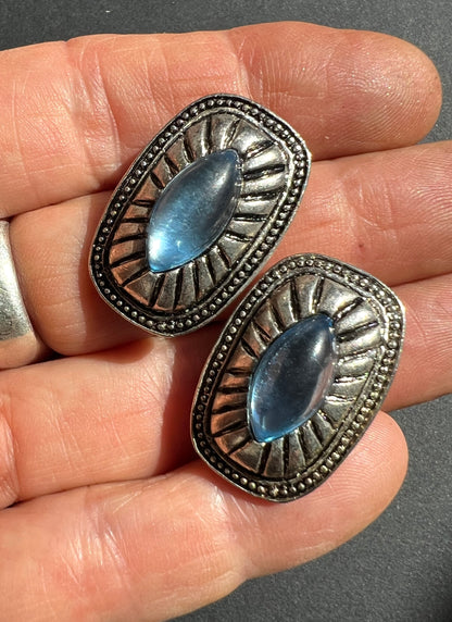 Vibrant Vintage Blue Glass Centred Clip On Earrings