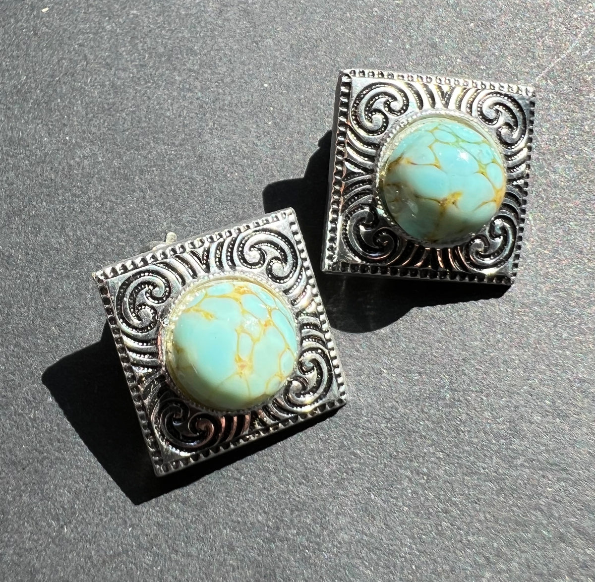 1950s Square Faux Turquoise Clip On Earrings