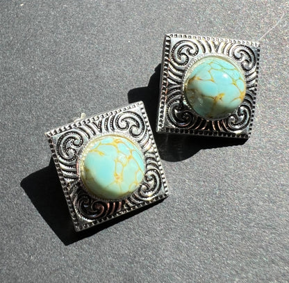 1950s Square Faux Turquoise Clip On Earrings