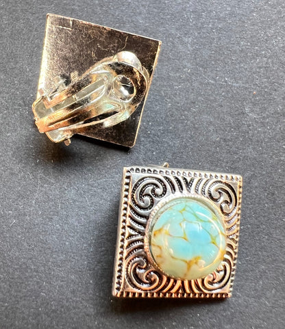 1950s Square Faux Turquoise Clip On Earrings