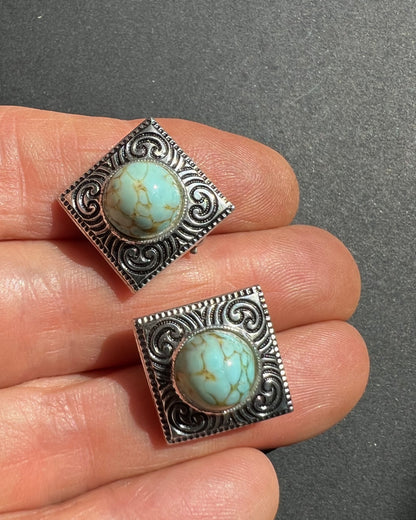 1950s Square Faux Turquoise Clip On Earrings
