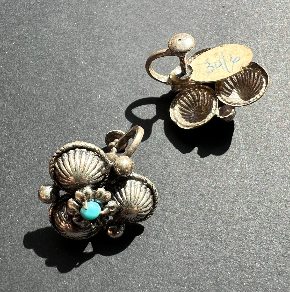 Interesting 1940s Screw-On Earrings - Blue or Turquoise.
