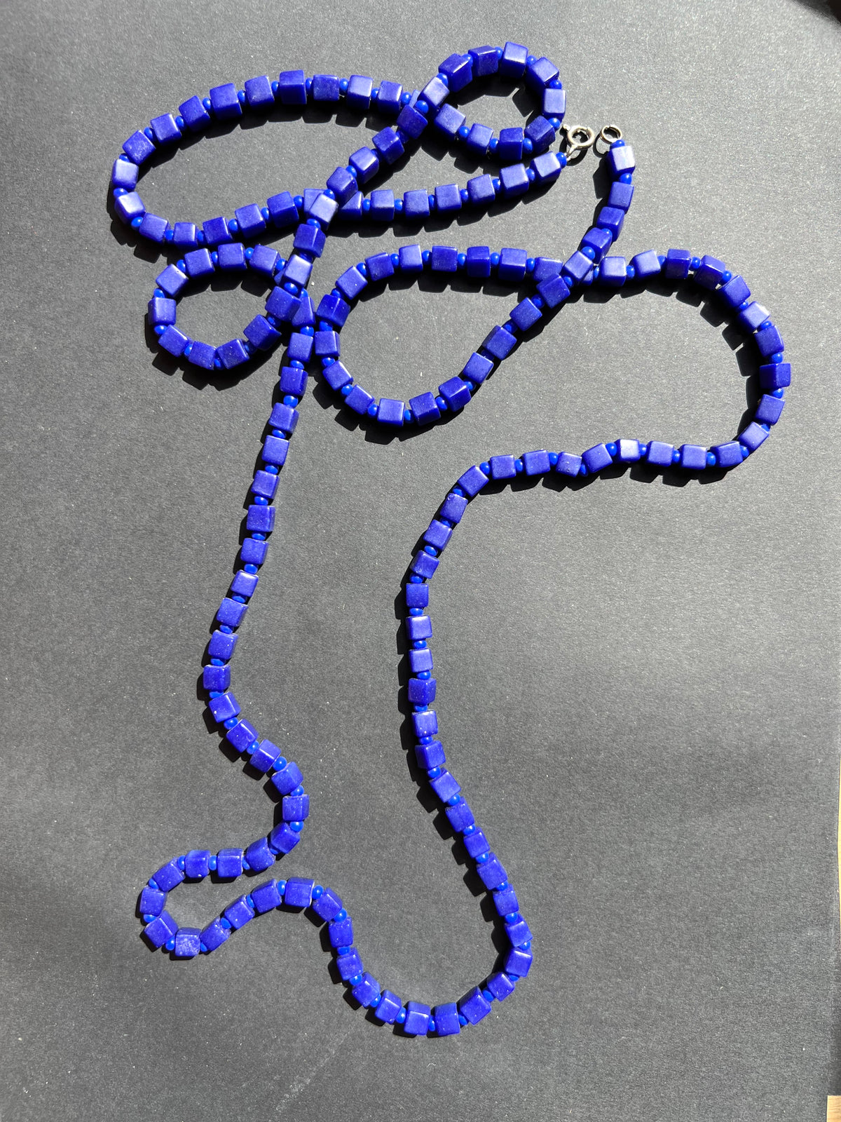 Very Long - 120cm - Unusual Intense Blue Square Glass Bead Vintage Necklace.